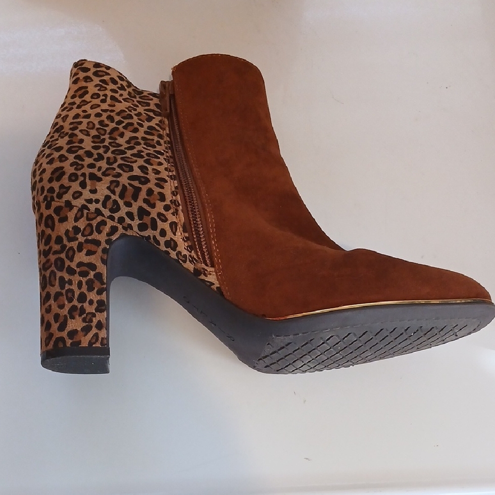 Rialto Brown Suede Ankle Boot with Leopard-Print Block Heel